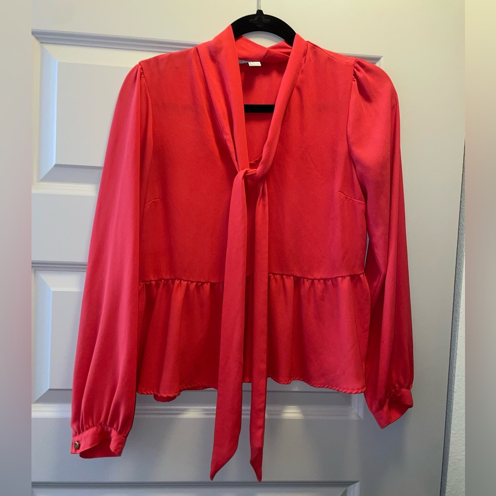 Red peplum blouse flowy gold buttons and bow detail size small